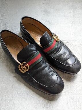 Gucci Black Leather Men's Loafers with Green-Red Web and Gold GG US 9.5